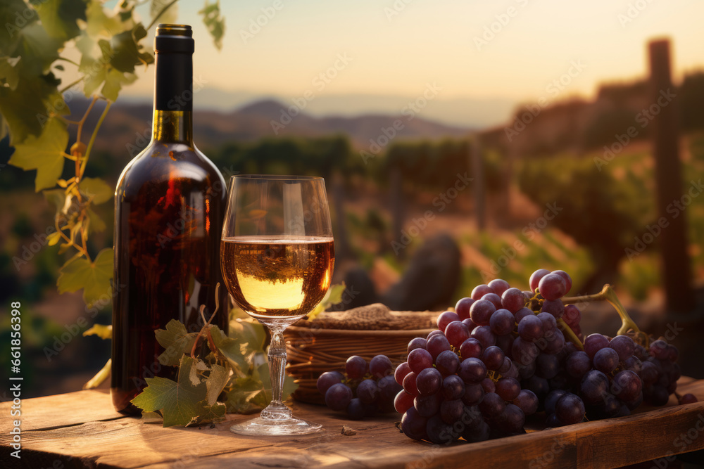 Glass of wine on table against vineyard background, winemaking concept