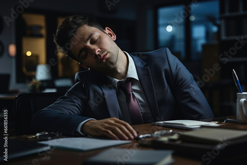 Tired businessman sleeping in office on the table at his workplace