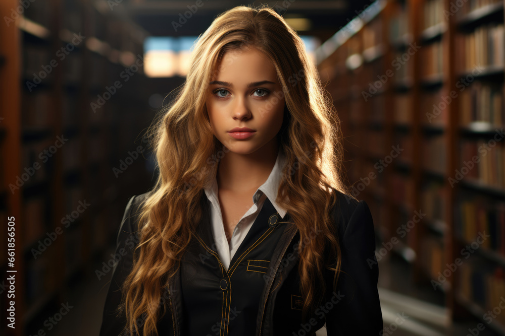 Beautiful girl schoolgirl or student in the library Beautiful girl schoolgirl or student in the library