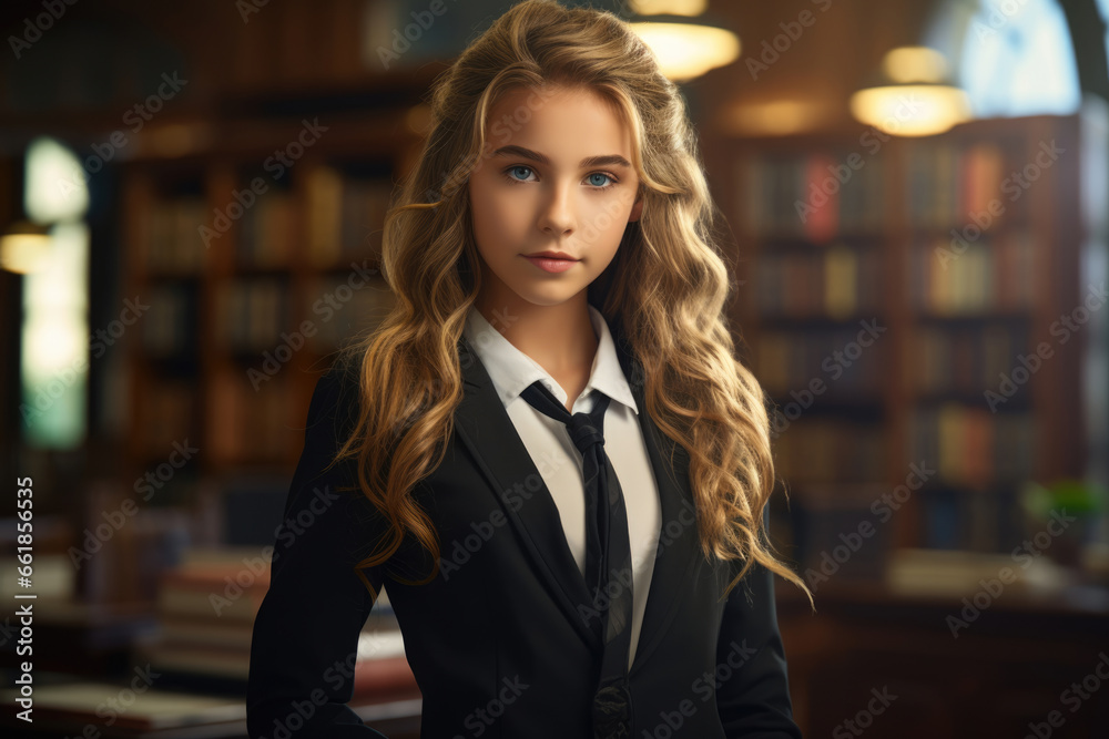 Schoolgirl in school uniform in school library Schoolgirl in school uniform in school library
