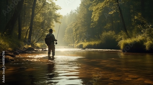 Man fly fishing in the river in the woods