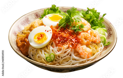 Classic Chinese stir fried noodles with Boiled eggs ,shrimp and vegetables, close-up, a plate Asian stir fry noodles recipe