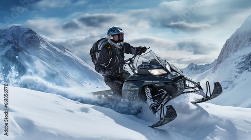 Adventurous rides snowmobiling through snowy terrain