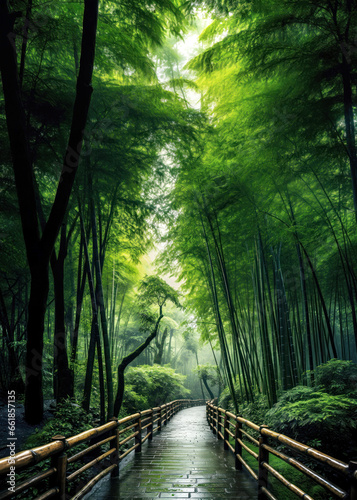 Wet stoned walkway through a bamboo trees forest in Asia after a rain