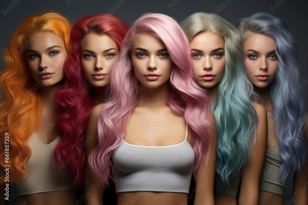 Girl with different hair colors, concept of choosing hair dye Girl with different hair colors, concept of choosing hair dye