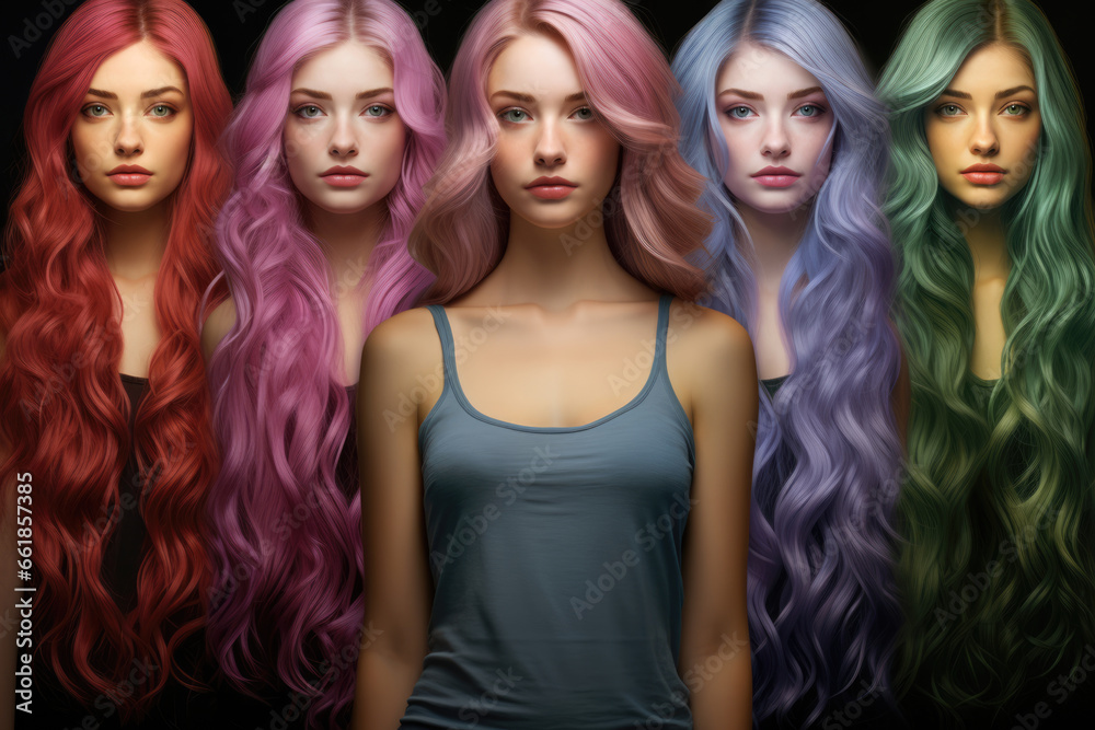 Obraz premium Girl with different hair colors, concept of choosing hair dye