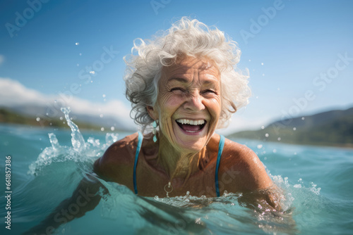 Happy smiling elderly senior woman having fun in ocean or sea water © Michael
