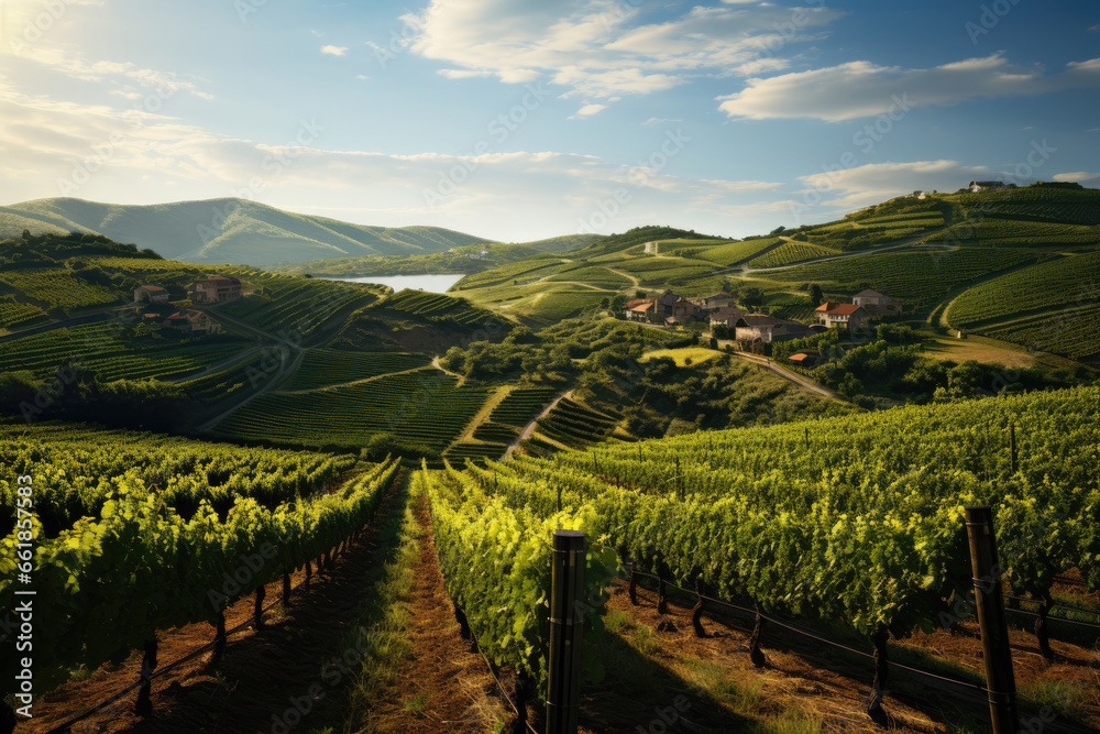 Panorama of summer vineyard in mountain valley