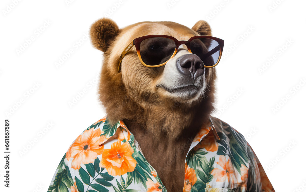 Bear in Sunglasses Hawaiian Attire on isolated background