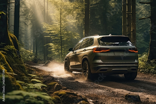 Crossover SUV car driving along a forest road