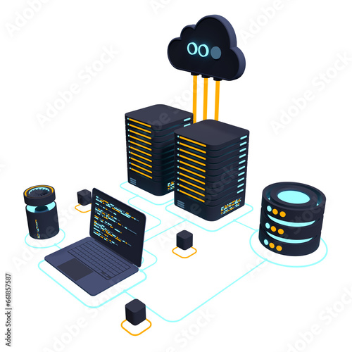 Cloud technology computing concept. Modern cloud technology. Data center isometric concept. 3D cloud technology with datacenter. Web hosting concept. 3D rendering