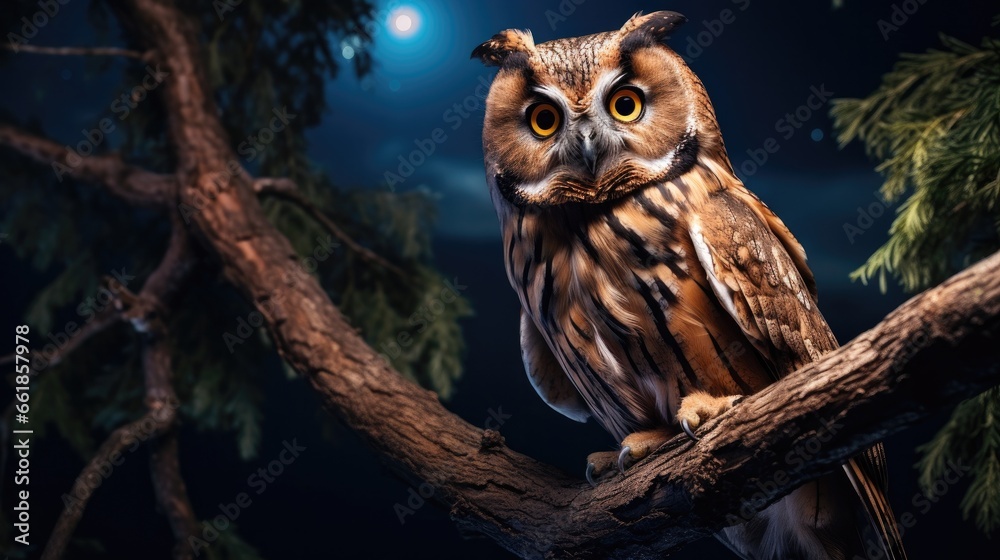 An owl stands on a tree branch at night An owl stands on a tree branch at night