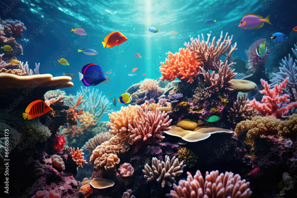 Tropical colorful fish in the ocean, underwater background