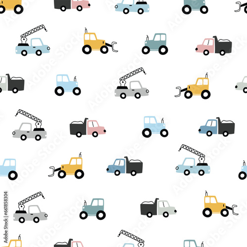 Set of hand drawn construction vehicles baby seamless pattern vector with tractor and truck on white background Cute design, cartoon style. used for print, decorative wallpaper