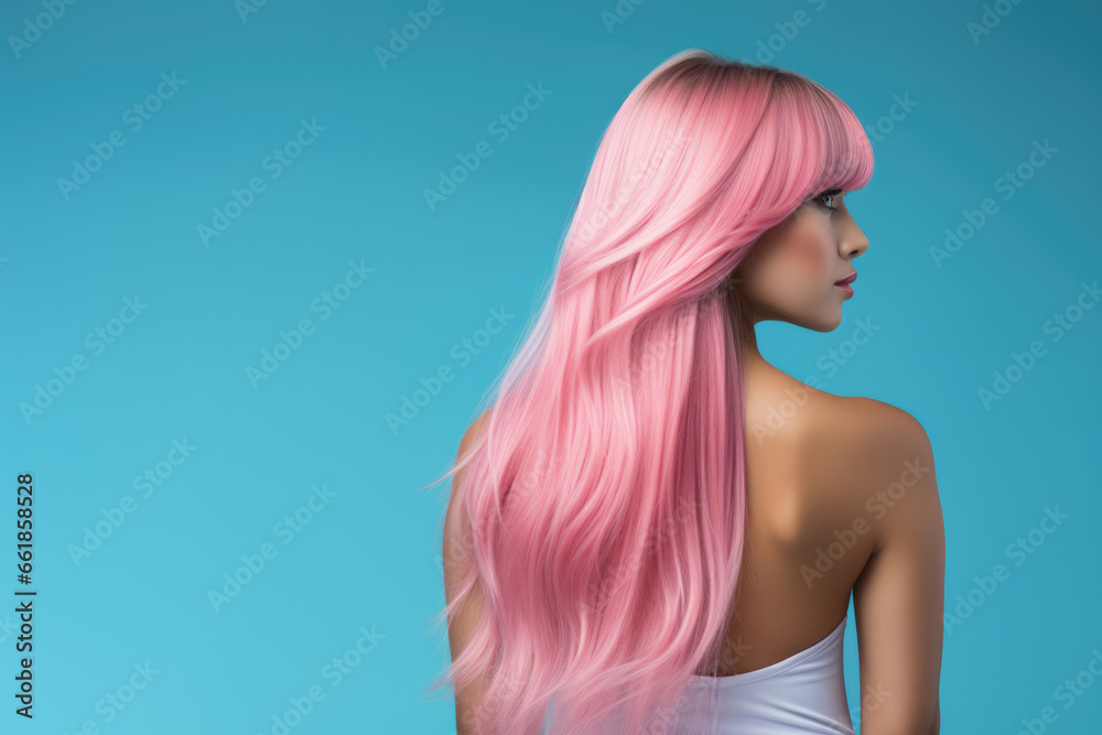 Woman with long trendy pink hair, view from the back. Copyspace for text Woman with long trendy pink hair, view from the back. Copyspace for text