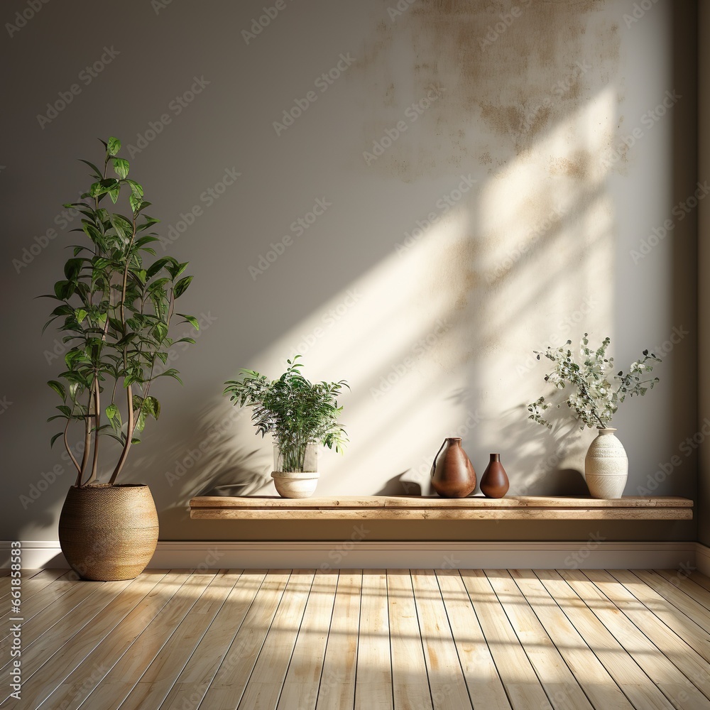 A wood floor and a light gray wall A wood floor and a light gray wall