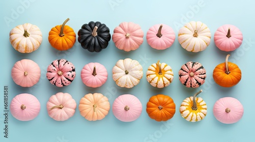 a lot of pastel pumpkins. Banner for autumn seasonal holidays