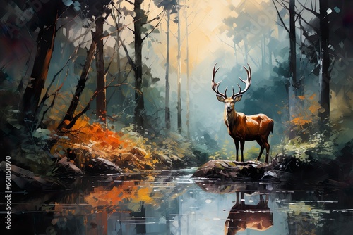 Oil painting abstract bright reflections a stag