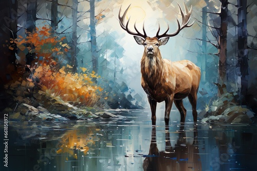 Abstract oil painting of a stag with sparkling reflections