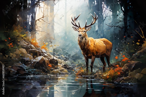 Abstract oil painting with dazzling reflections of a stag