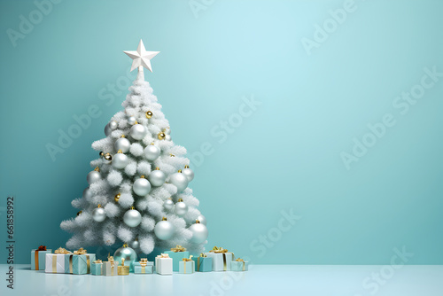 Festive white Christmas tree with gifts decoration balls and star blue silver banner 