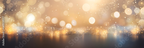 Festive lights merry christmas banner in gold sparkle snow panorama