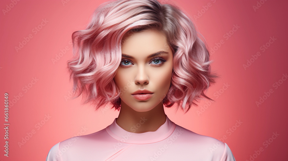 Beautiful young woman with healthy skin and modern hairstyle, with pink hair on a pink background