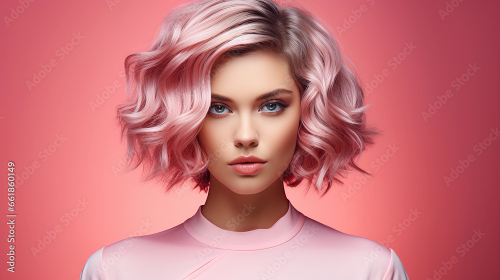 Beautiful young woman with healthy skin and modern hairstyle, with pink hair on a pink background Beautiful young woman with healthy skin and modern hairstyle, with pink hair on a pink background