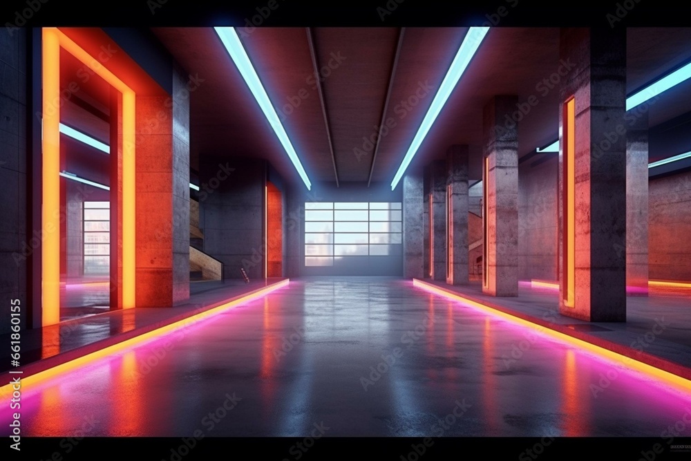 Modern building interior with sleek concrete design and vibrant neon lights. Digital artwork and visualization. Generative AI