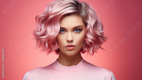 Beautiful young woman with healthy skin and modern hairstyle, with pink hair on a pink background