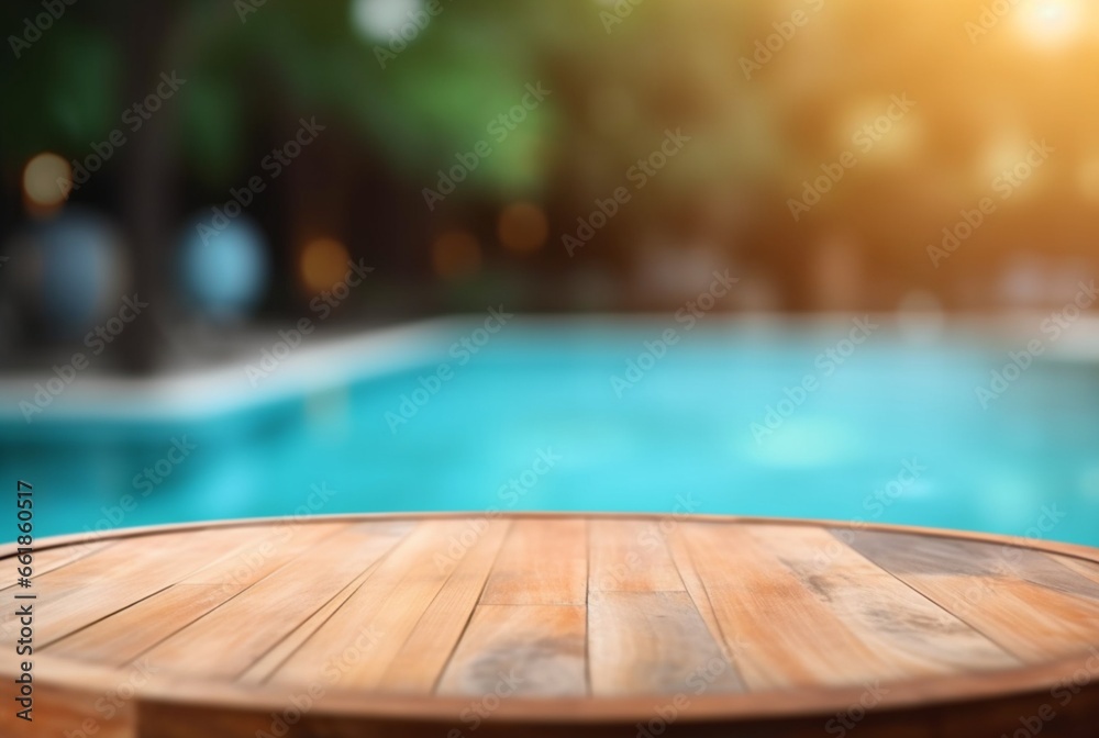 empty wooden table with blurred background of swimming pool and sunlight, for podium product display. generative ai