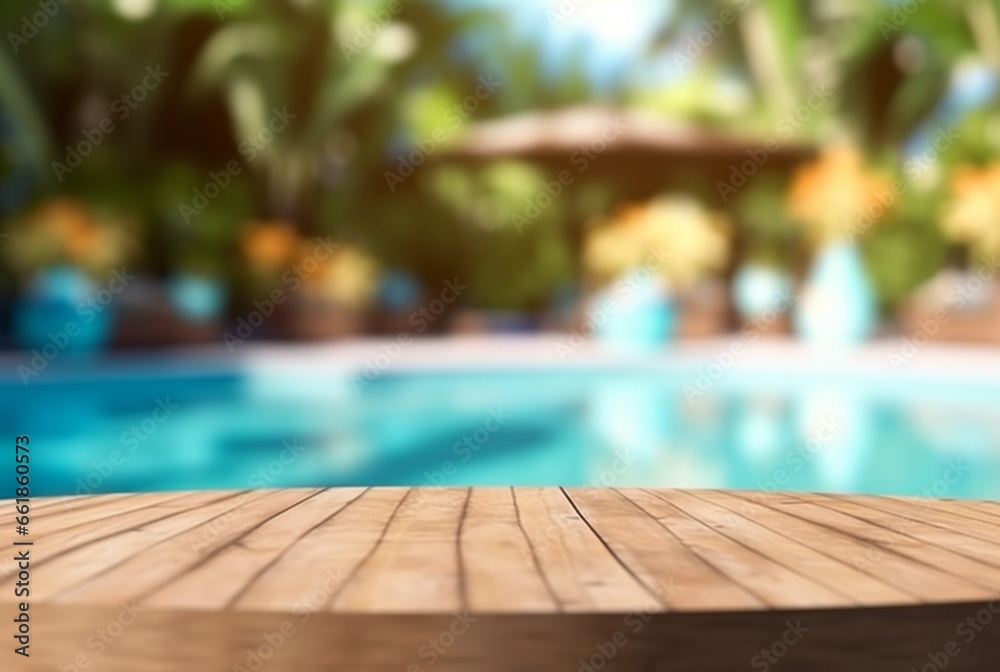 empty wooden table with blurred background of swimming pool and sunlight, for podium product display. generative ai