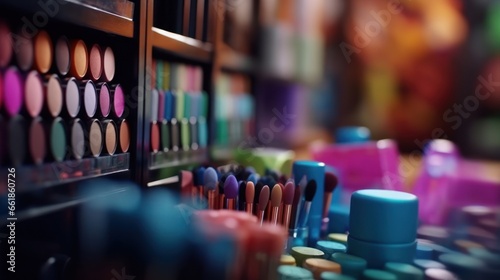 Makeup cosmetics on a table. Beauty industry background.
