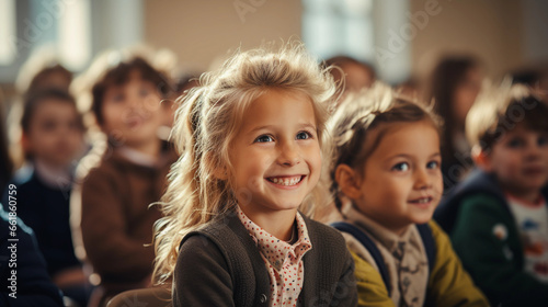 Primary school children smile as they sit in a classroom