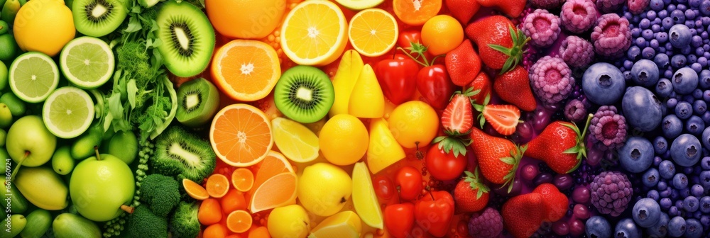 Obraz na płótnie Variety of fresh fruits, top view, bright rainbow colors. w salonie