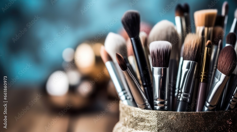 Fototapeta premium Make-up cosmetics brushes on a table. Beauty background.