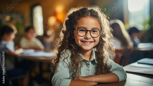 A girl in glasses, an elementary school student, sits at a desk and smiles.  © Anna