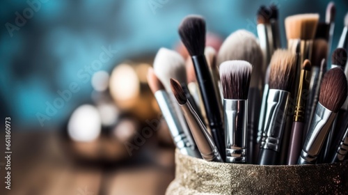 Make-up cosmetics brushes on a table. Beauty background.