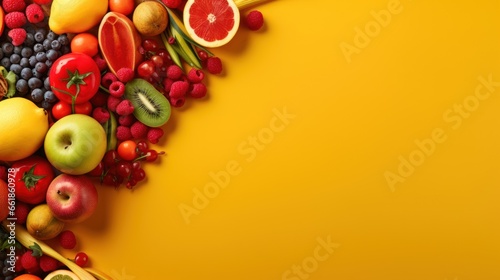 Fruits and vegetables on yellow background. Healthy food concept with copy-space. Top view.