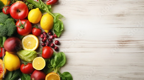 Fruits and vegetables on white wooden background. Healthy food concept with copy-space. Top view. © vlntn