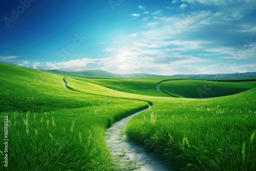 Beautiful spring landscape with green meadow and winding path.