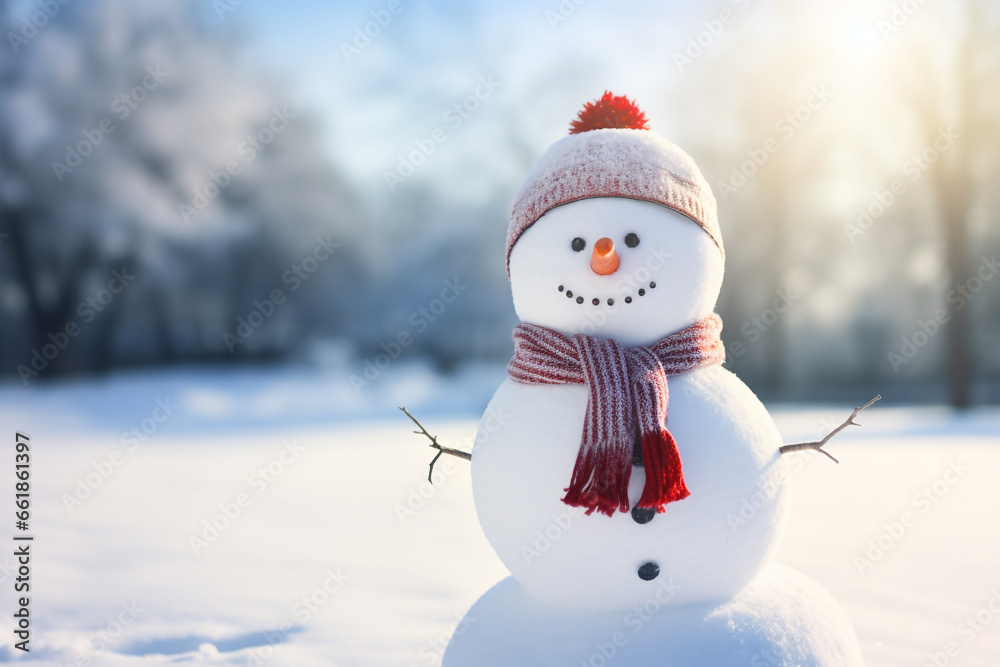Obraz premium Snowman in Christmas holiday season with blurred background.