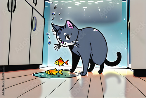 cat looking at fish in fish tank.
Generative AI photo