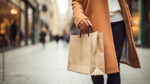 Woman with shopping bags in the street.