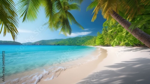 Beautiful and peaceful sea sandy coast  sunny summer beach panoramic scene with palm trees  outdoor background. Vacation time. Horizontal pc splash screen.