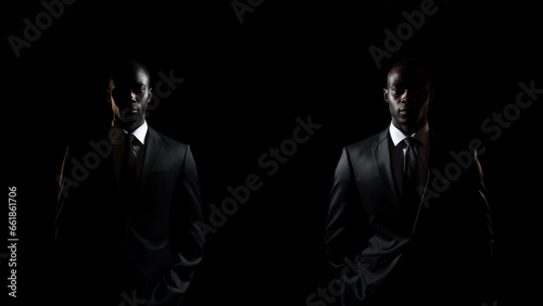 A figure, draped in a black suit, stands against a backdrop of unending darkness, enveloped in an all-encompassing black theme. Generative AI.