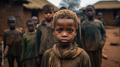 Dirty kids standing in poor African village