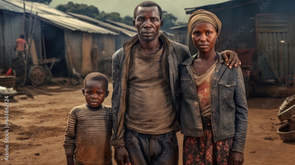 Dirty mother, father and son standing in poor African village