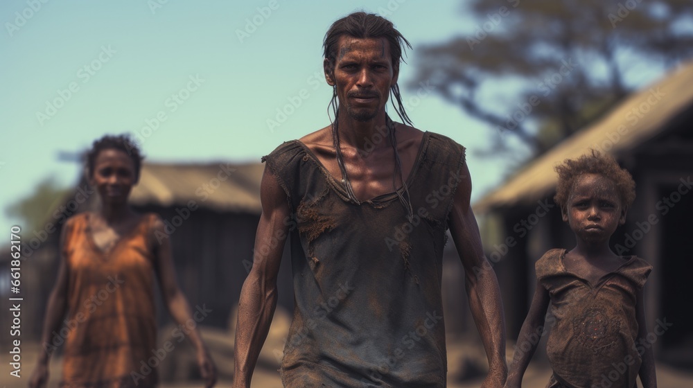 Naklejka premium Dirty mother, father and son standing in poor African village