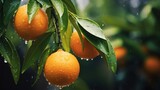 Clementines with droplets on tree at rainy day, created with Generative Ai technology.